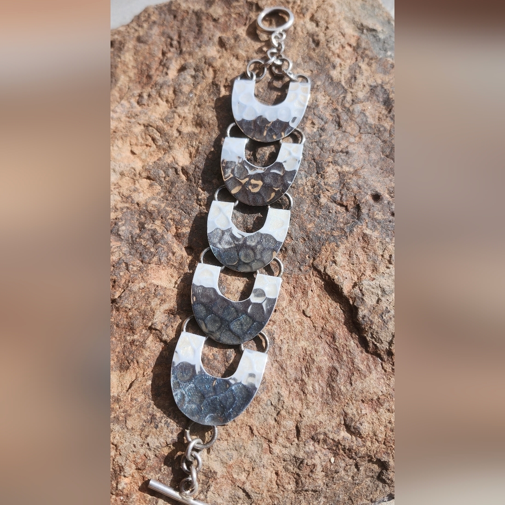 Sterling Silver hammered Link Bracelet - Picture 1 of 16